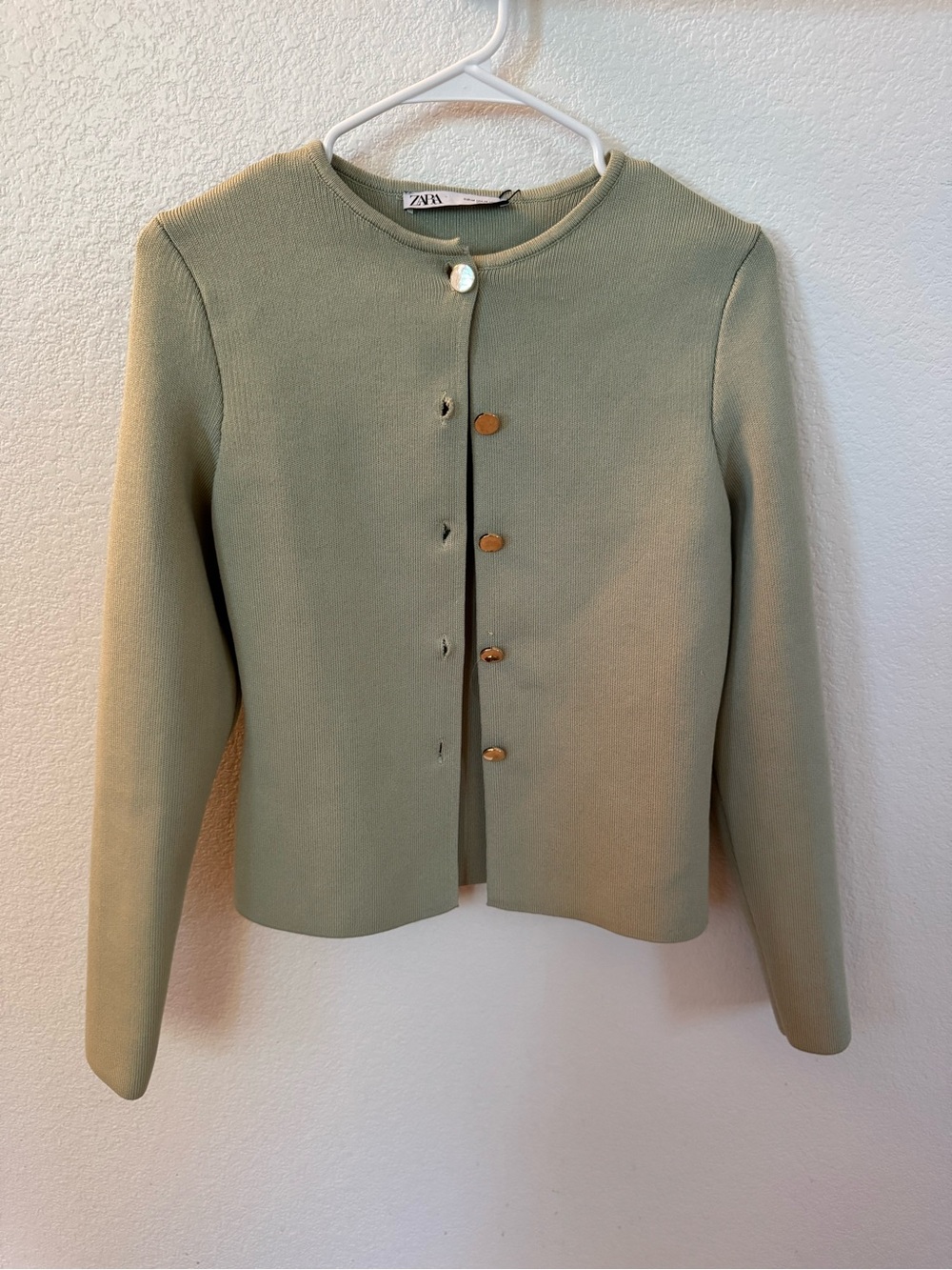 Zara Sage Green Crewneck Cropped Blazer with Gold Buttons